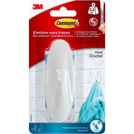 3M COMMAND GRANC CROCHET AVEC 2 LANGUETTES RÉSISTANTES À L'EAU EN PLASTIQUE 2,3 KG BLANC (1/3)