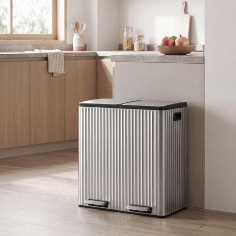 Poubelle Cuisine Tri Sélectif 2 Bacs à Pédale 2 x 30 L 59,1 x 36,5 x 62,7 cm Argent (1/5)