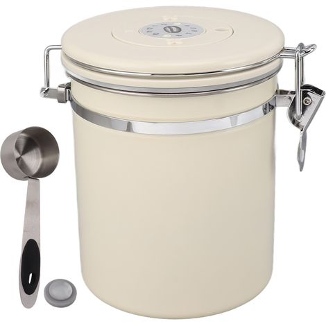 Boîte de Rangement Alimentaire 1,5L Airtight en Acier Inoxydable avec Cuillère et Traqueur de Date, Idéale pour Café et Cuisine, Couleur Beige (1/5)
