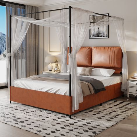 Lit 140 x 200 cm en PU marron avec cadre modulable et style baldaquin (1/5)