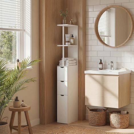 Meuble colonne salle de bain armoire de salle de bain avec tiroirs étagères ouvertes placard 15 x 33 x 136.8 cm blanc