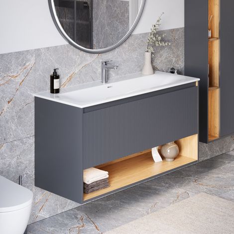 BERNSTEIN - Mobile lavabo sospeso MDF Antracite opaco, lavabo DURAVIT Bianco lucido + 1 foro rubinetto, troppopieno, piletta - 123x49x62cm - BELDIVO	Antracite opaco, Con foro rubinetto 1x