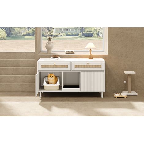 Mobile lettiera per gatti bianco 120 x 50 x 65 cm, facciata effetto rattan, REDOM (1/5)