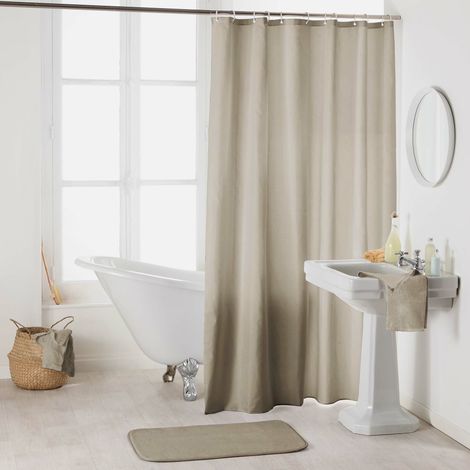 Rideau de douche en polyester uni avec crochets - L 200 x l 180 cm - Taupe - Livraison gratuite