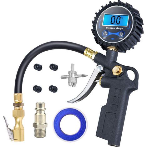 Digital Tire Pressure Gauge, High Accurate Multifunctional LCD Display Tire Pressure Gauges 220 PSI Manometer, Inflator Gun with Accessories for Car Motorcycle Bike SUV