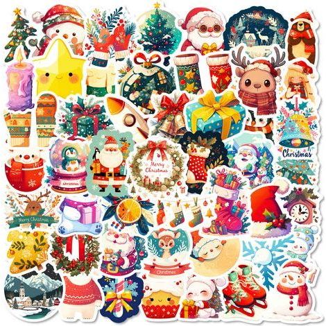 50 autocollants de Noël à motifs : bonnets de Père Noël et rennes – Autocollants décoratifs à faire soi-même pour cahiers, réfrigérateurs, valises – Cadeaux de Noël imperméables (1/5)