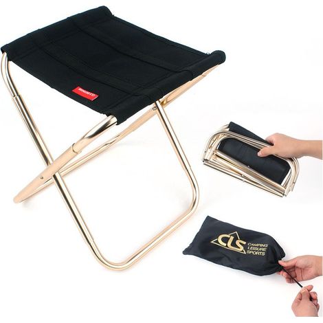 Kleiner, tragbarer, schwarzer Klappstuhl mit Tasche, ultraleichter, kompakter Klapphocker aus Aluminium mit Tragetasche für Garten, Strand, Angeln, Wandern, Camping, Picknick und Reisen (1/3)