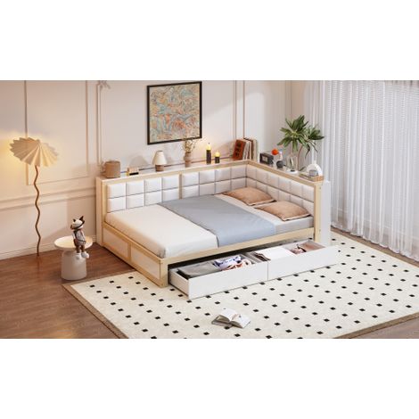 Sofa-Holzbett, multifunktionales Bett mit weicher Rückenlehne, großer Stauraumschublade, Einzelbett, Jugendbett, Holzbett aus Kiefernholz