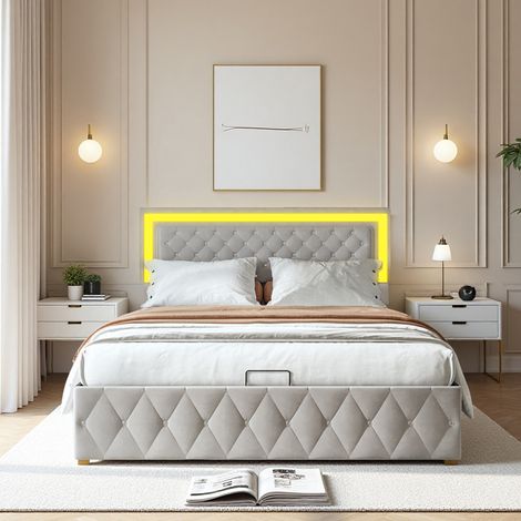 Bett 140 x 200 cm – Samtstoff – LED – Platzsparend – Bettrahmen 140 x 200 cm – beige (1/5)