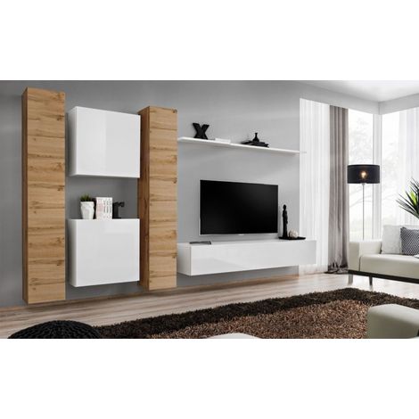 Ensemble mural - Switch VI - 2 vitrines verticales - 1 vitrine carrée - 1 banc TV - 1 étagère - Bois et blanc - Modèle 1 - Livraison gratuite