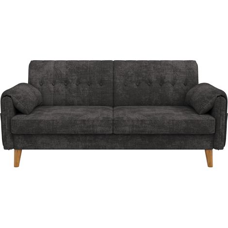 Sofá de 2 plazas en chenilla gris oscuro con cojines, reposabrazos y bolsillos laterales (1/5)