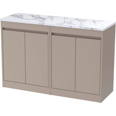 Chartley Contemporary Floor Standing 4 Door Vanity Unit with Carrera Marble Laminate Worktop, 1200mm, Taupe (1/4)