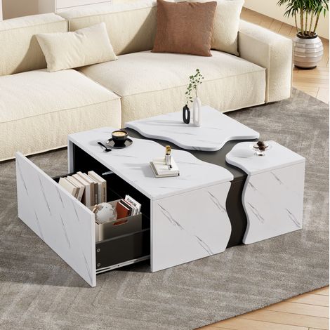 Table basse carrée 70x70x31 cm en panneau de particules blanc, tiroir, pour petit salon – MEUBLIV (1/5)