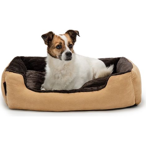 lionto Hundebett, weiches Kuschelbett mit herausnehmbarem Wendekissen & Anti-Rutsch-Boden, 60x48 cm, beige/braun