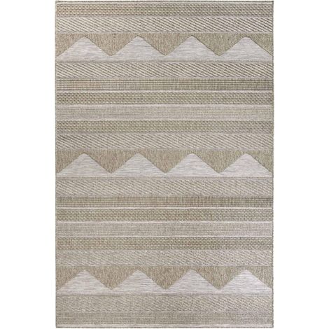 Tapis exterieur 155 x 230 cm, motif géométrique, couleur beige, texture relief authentique, conception résistante et pliable, idéal terrasse