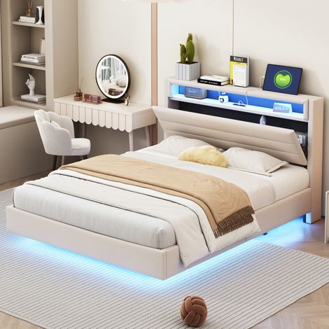 Lit rembourré 140x200 cm avec prise USB et lampe LED, tête de lit réversible, pied de lit dissimulé, lit double plat, lit enfant, lit adulte, tissu lin beige (1/5)