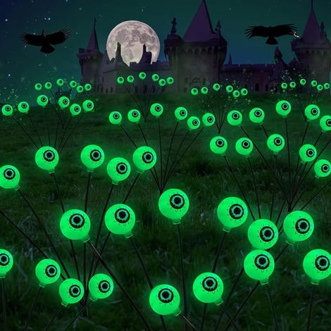 2 Stück Solarlampen Halloween Deko Outdoor Garten, 10 LED Augapfel Gartenlichter Halloween Lichter, IP65 Wasserdicht Halloween Deko Lichterkette für Außen Garten (Grün) (1/5)