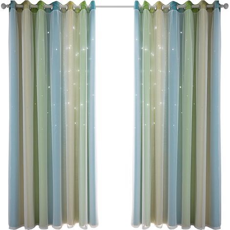 Rideaux Occultants étoiles Colorées, Design Double Couche pour Chambre de Filles, Salon, Rideaux de Fenêtre en Tissu Polyester Isolant (Vert 53" L x 85" L) (1/2)