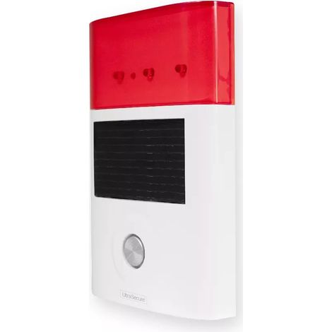 Ultra Secure – Sirène d'alarme solaire sans fil extérieure 130 dB – Portée 100 mètres – Résistante aux intempéries IP65 – Flashs lumineux intégrés