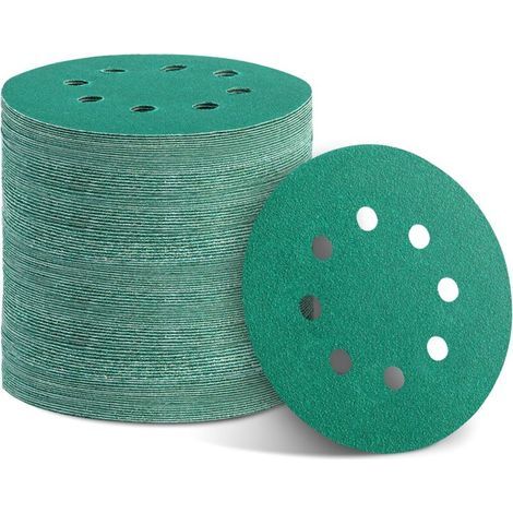BUNTHAUS Packung mit 100 grünen 12,7 cm (5 Zoll) Schleifscheiben - 8-Loch-Klettverschluss, 10 verschiedene Körnungen (60, 80, 100, 120, 150, 180, 240, 320, 400, 600) für Exzenterschleifer. (1/4)