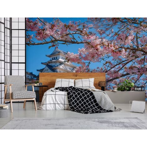 Fototapete Kirschblüte Palast 3D-Optik, für Wohnzimmer und Schlafzimmer, 150 x 105 cm – Komplettset inkl. Kleister & Anleitung (1/5)