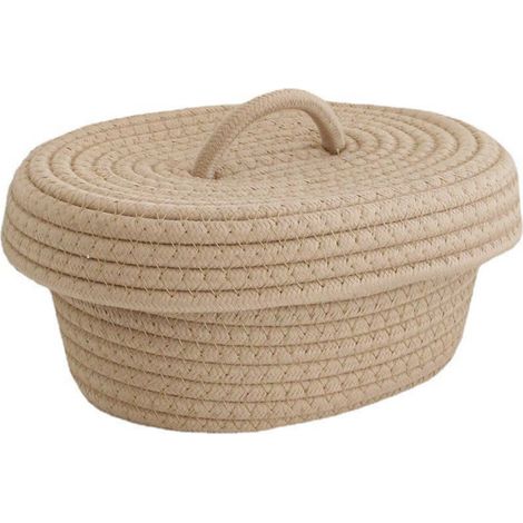 Boîte de rangement de bureau avec couvercle, panier de rangement en corde de coton fait main pour produits de maquillage, aiguilles à goûter, kaki