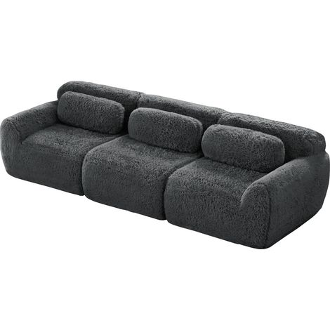 Divano basso 3 posti modulare in tessuto effetto peluche grigio con cuscini 291 x 104 x 73 cm (1/5)