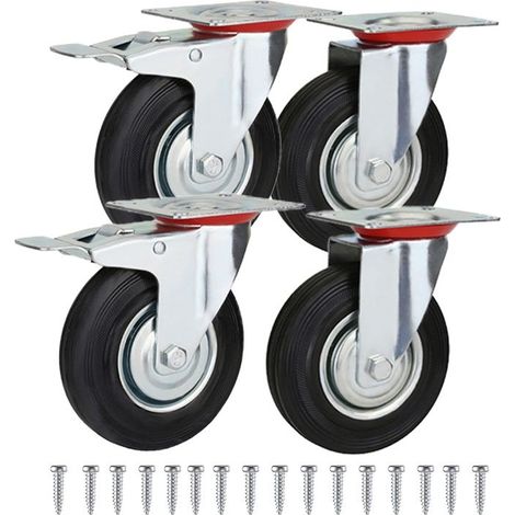 4 roulettes pivotantes pour meubles 3 pouces, 2 roulettes pivotantes à fond plat, 2 roulettes à frein à fond plat, 16 vis M8, jusqu'à 200 kg - roulettes porteuses silencieuses pour chariot (1/5)