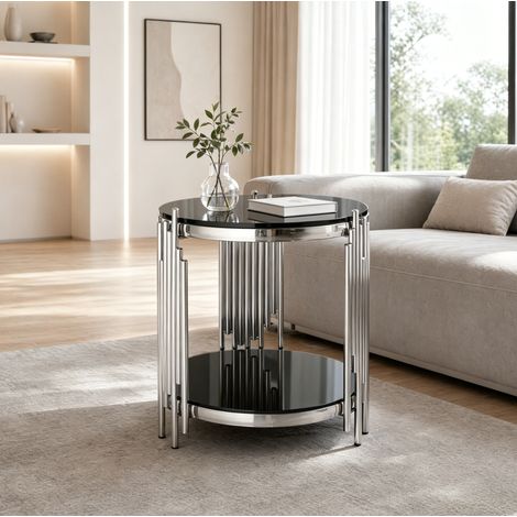 Tavolino rotondo 45x45x55 cm nero e argento, 2 livelli, vetro temperato, acciaio inox MEUBLIV (1/5)