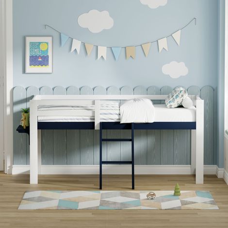 Lit mezzanine enfant 90×200 cm - barrière de sécurité, échelle fixe, tablette - pin massif - Blanc (1/5)