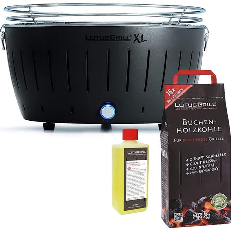 Barbacoa Negra XL con Pilas y Cable de Alimentación USB + 2,5Kg de Carbón de Haya + Gel Combustible 500ml - Lotus Grill (1/4)