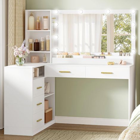 Coiffeuse avec Grand Miroir LED, Luminosité Réglable, Table de Maquillage en L, Coiffeuse avec 5 Tiroirs et Étagères Ouverts,Blanc