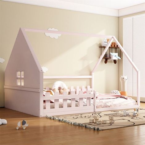 Lit plat, 140200 cm, lit bébé, plinthe, garde-corps, bois de pin, rose