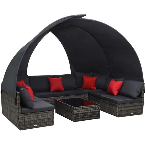 9-tlg. Garten-Lounge-Set mit Sonnendach Poly Rattan Anthrazit (1/5)