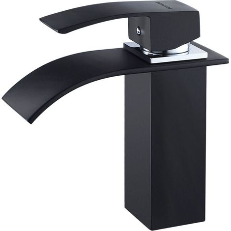 Robinet Cascade Mono-trou Mitigeur Lavabo Noir Mat Robinetterie Lave-mains avec Levier Unique en Cuivre Mélangeur à l'Eau Chaude et Froide pour Salle de Bain, Surface ORB (1/4)
