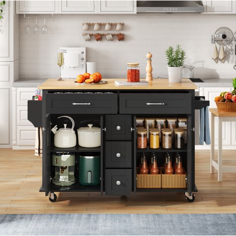 Küchenwagen mit ausklappbarer Arbeitsplatte, 5 Schubladen, Rollen, Black/Natural HAVRYA (1/5)
