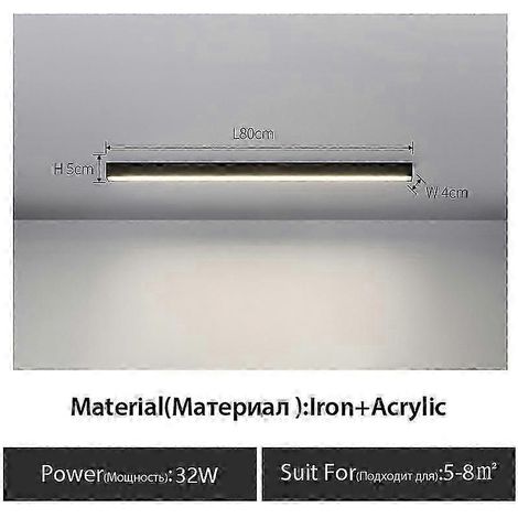 Lampe linéaire minimaliste à montage en surface, longue bande LED, pour balcon, couloir, vestiaire, salon, salle à manger, plafonnier, noir (L80 cm, lumière neutre noire 4000K) (1/5)
