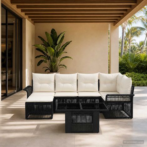 vidaXL Set Divano da Giardino 7 pz Nero e Bianco Crema polyrattan (1/5)