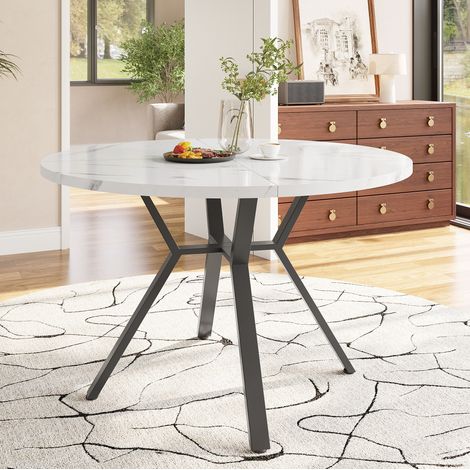 Runder Esstisch 100x100x75 cm Schwarz/Weiß aus MDF und Stahl mit Marmoroptik und X-Gestell (1/5)