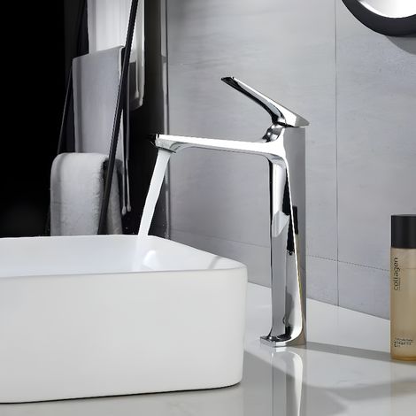 Rubinetto per lavabo alto BiXXBi Bath X, argento lucido, moderno, per bagno, montaggio su piano, installazione rapida, durevole, resistente alla corrosione, monocomando, cartuccia in ceramica (1/5)