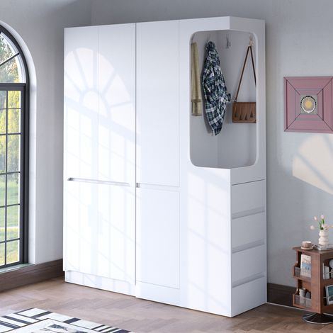 Armadio guardaroba 140x40x170 cm, con doppie ante, 4 cassetti, vani contenitori, legno, bianco (1/5)