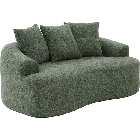 Sofá curvo de 2 plazas en chenilla verde con 3 cojines decorativos (1/5)