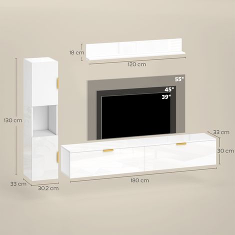 Meuble TV suspendu avec portes à charnières, centre multimédia, étagère murale, armoire, 180 cm, blanc brillant (1/5)