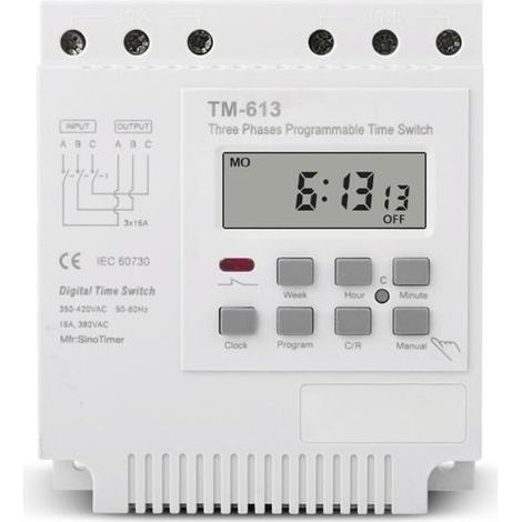 Relais temporisé programmable, TM-163 Interrupteur temporisé Contrôle de puissance Mémoire Off Programmable Hebdomadaire Numérique Triphasé 380V Réglage de temps maximum 168 heures Direction de sortie (1/5)