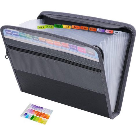 Carpeta de proyecto，A4，Carpeta plegable con pestañas，13 compartimentos，Carpeta de documentos de plástico resistente，Carpeta de conferencias，Negra (1/5)