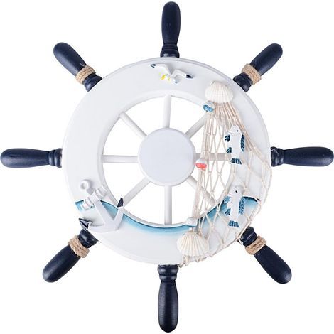 Wooden pirate ship wheel with pocket net and seashell, nautical decoration, Mediterranean living room office decor (1/5)