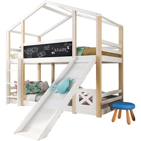 Lit mezzanine 90x200 cm Lit cabane enfant avec toboggan et échelle - 2 sommiers à lattes inclus - naturel et blanc (1/5)