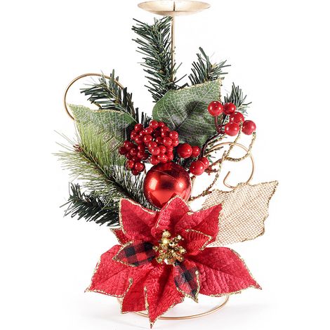 Portacandela natalizio in metallo con stella di Natale con dettagli glitterati oro, aghi di pino, bacche e pallina, set da 2 pezzi, cm 20 x 12 x 31 H