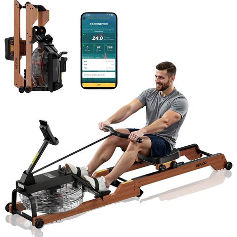 Máquina de remo VEVOR, 6 niveles de resistencia, estructura de madera plegable, depósito de 14 litros, monitor LCD, 158 kg, tipo plegable de acero y madera. (1/2)