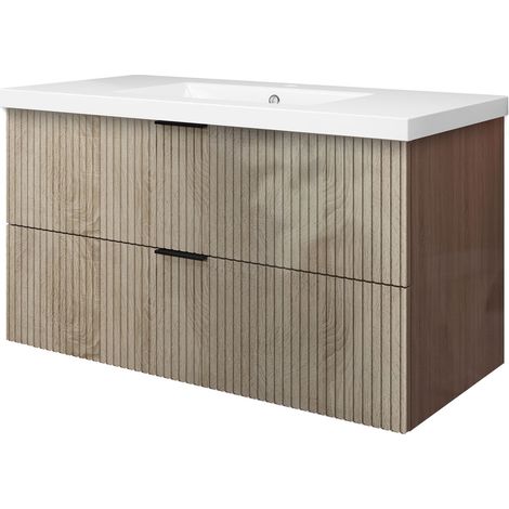 OCEAN Meuble salle de Bain Suspendu Chêne Haute Brillance - Design Moderne à 2 Tiroirs et Vasque, 99cm